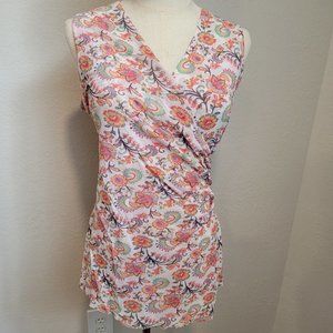 Medium - Sweet Pea By Staci Frati Colorful Floral Mesh Top, Short Sleeve, Ruched